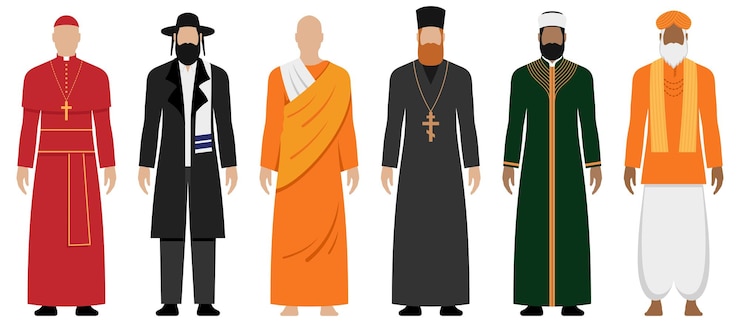 Vettore leader spirituali delle principali religioni con set di illustrazioni vettoriali di abbigliamento di stile diverso isolato
