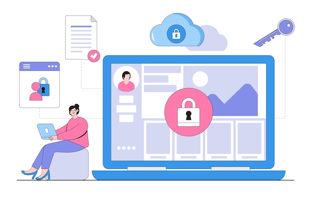 Legge piatta sulla protezione dei dati con il concetto di caratteri delle persone Illustrazione vettoriale minima dello stile di design per le immagini dell'eroe delle infografiche dei banner web della pagina di destinazione