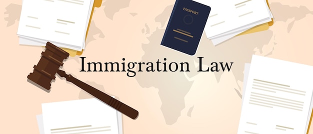 Legge sull'immigrazione concetto di regolamentazione lettera carta con martello o martello e passaporto