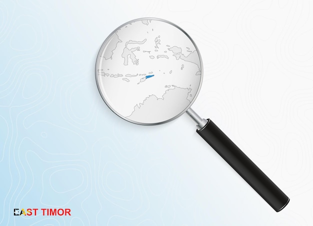 Lente d'ingrandimento con mappa di Timor orientale su sfondo topografico astratto.