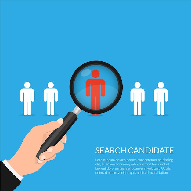 Lente di ingrandimento zoom a mano che seleziona il miglior concetto di persona candidata Illustrazione di reclutamento di lavoro