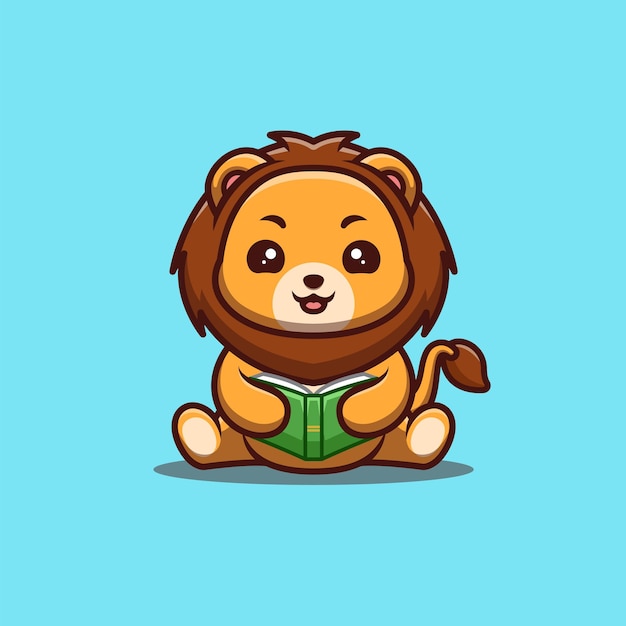 Leone seduto libro di lettura carino creativo Kawaii Cartoon mascotte Logo