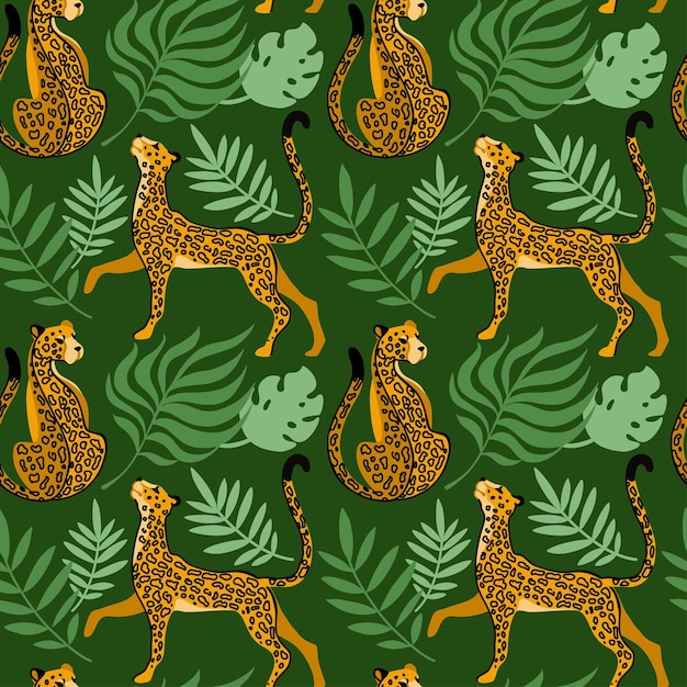 Leopard en jungla Animali selvatici Modello senza cuciture su sfondo verde Illustrazione vettoriale