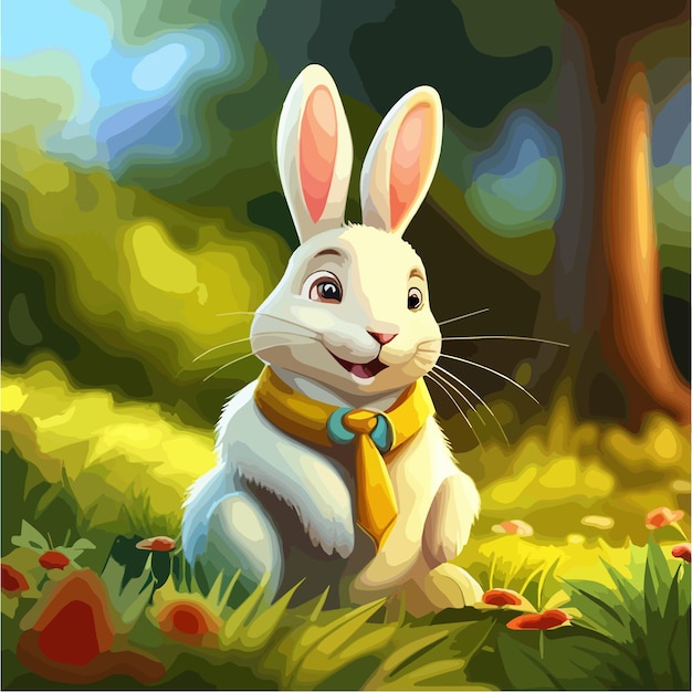 Lepre carina sulla radura nella foresta divertente coniglio o lepre sul prato primaverile con erba verde e cespugli