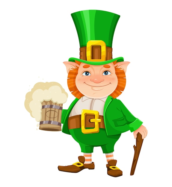 Leprechaun vettoriali stock. Buon giorno di San Patrizio. Personaggio dei cartoni animati allegro del leprechaun con birra