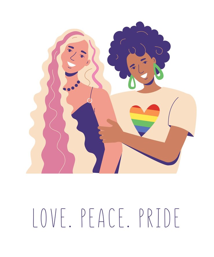 Vettore lesbiche si abbracciano. le donne bianche e scure sorridono felici. bandiera lgbt arcobaleno sulla maglietta. amore. pace