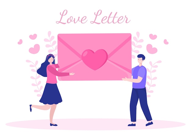 Lettera d'amore sfondo piatto illustrazione per messaggi di fraternità o amicizia in colore rosa di solito dato il giorno di San Valentino in una busta o biglietto di auguri