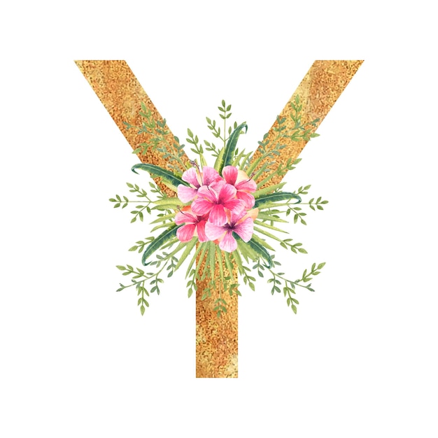 Lettera d'oro y dell'alfabeto inglese con un bouquet acquerello di foglie e fiori tropicali han