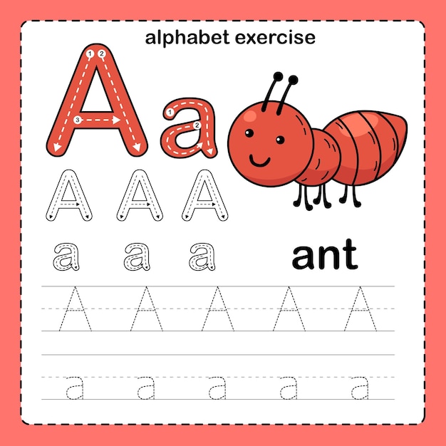Lettera dell'alfabeto A Esercizio della formica con il vettore dell'illustrazione del vocabolario dei cartoni animati
