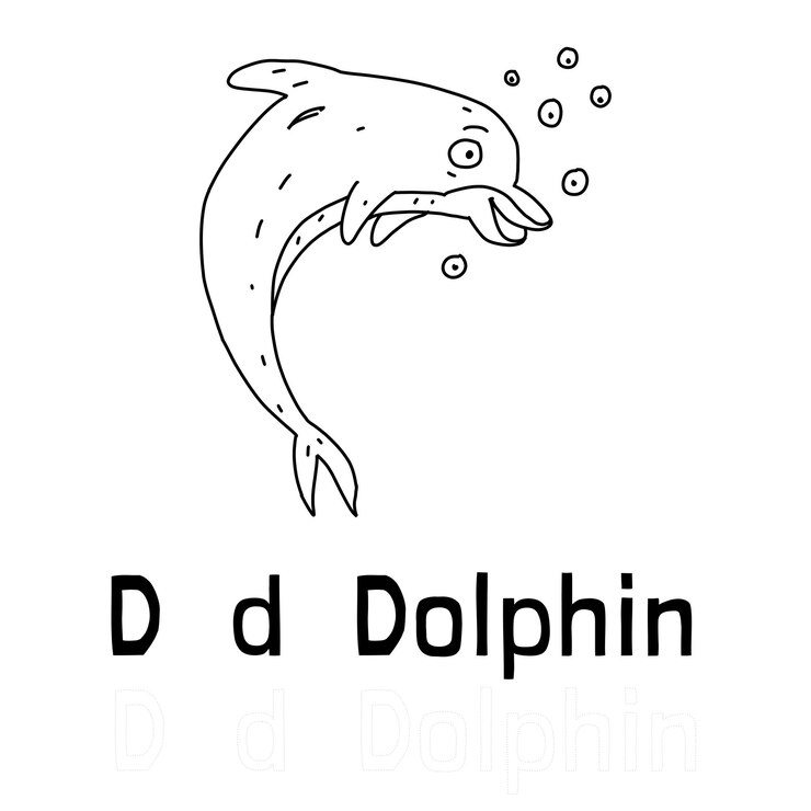 Vettore lettera dell'alfabeto d per la pagina da colorare dei delfini che colora l'illustrazione degli animali