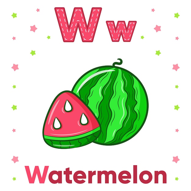 Lettera di alfabeto flashcard W con simpatico disegno di anguria