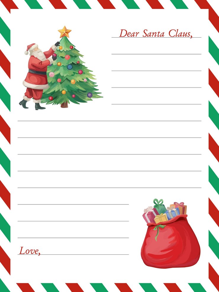 Vettore lettera di auguri a babbo natale con elementi natalizi sacchetto per l'albero di natale con regali