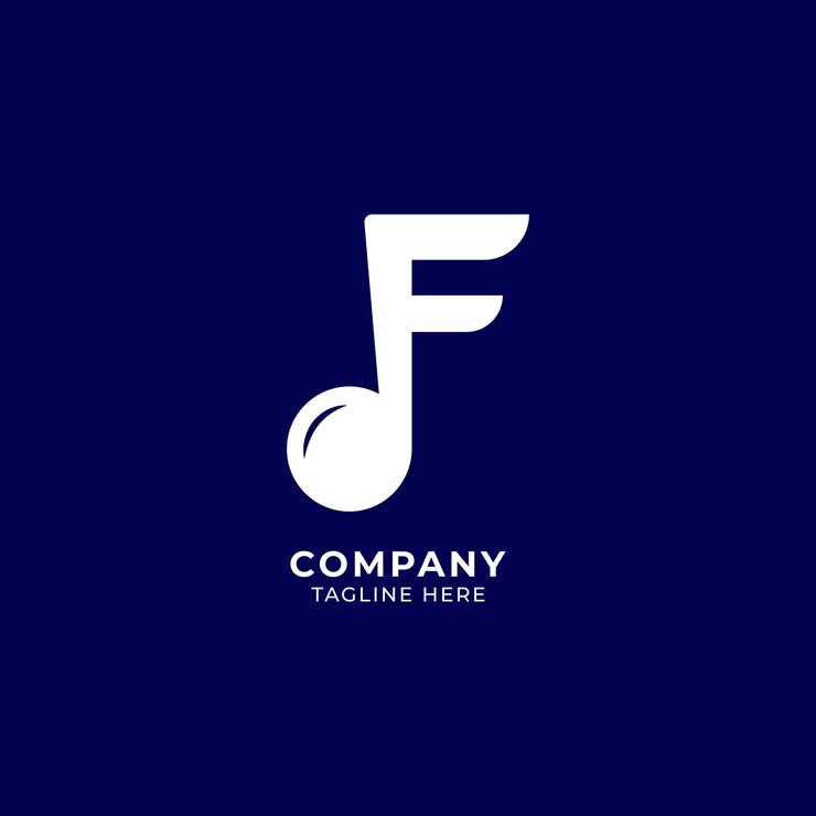 Lettera F Alphabet Music Logo Design isolato su sfondo blu navy Nota iniziale e musicale Semi Quaver Notes concetto di logo Monogramma Lettermark Logotype