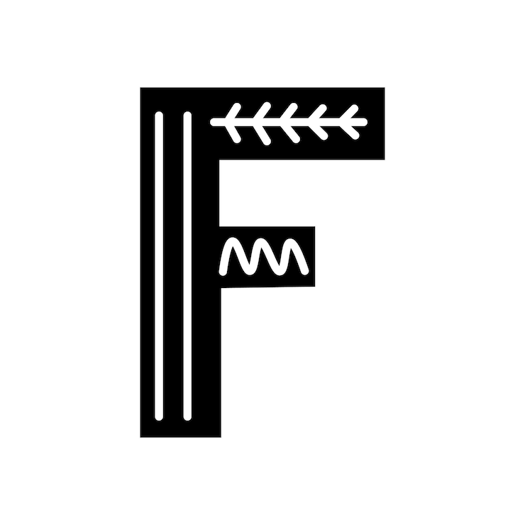 Vettore lettera f decorata scandinava in bianco e nero carattere popolare lettera f in stile scandinavo