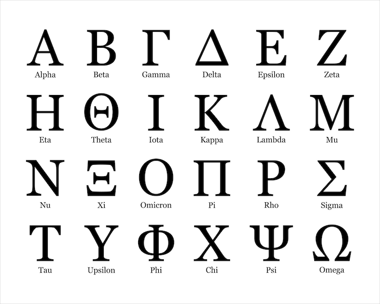 Vettore lettera greca alfabeto greco segno antico lettere di confraternita