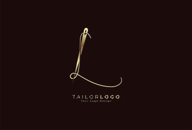 Lettera iniziale del logo L Tailor L formata da filo e ago con stile linea color oro