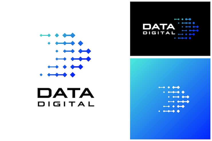 Vettore lettera iniziale digitale moderna d data pixel con logo della rete di connessione del circuito a linea digitale