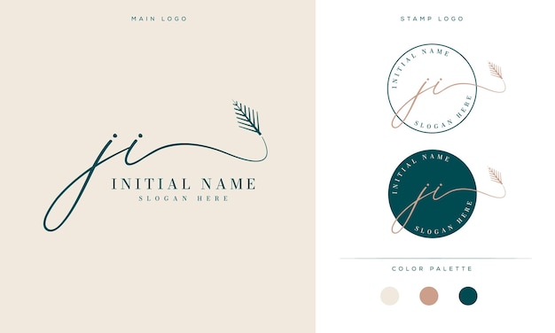 lettera iniziale Ji design del logo della firma femminile e foglia di palma