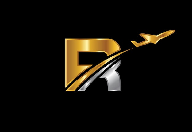 Lettera iniziale R con aeroplano Logo Design. Compagnia aerea, aereo, aviazione, modello di logo di viaggio.