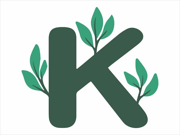 Lettera K con illustrazione di foglia botanica