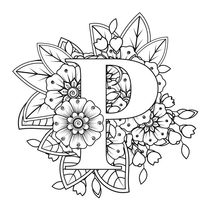 Vettore lettera p con ornamento decorativo fiore mehndi in stile etnico orientale pagina del libro da colorare