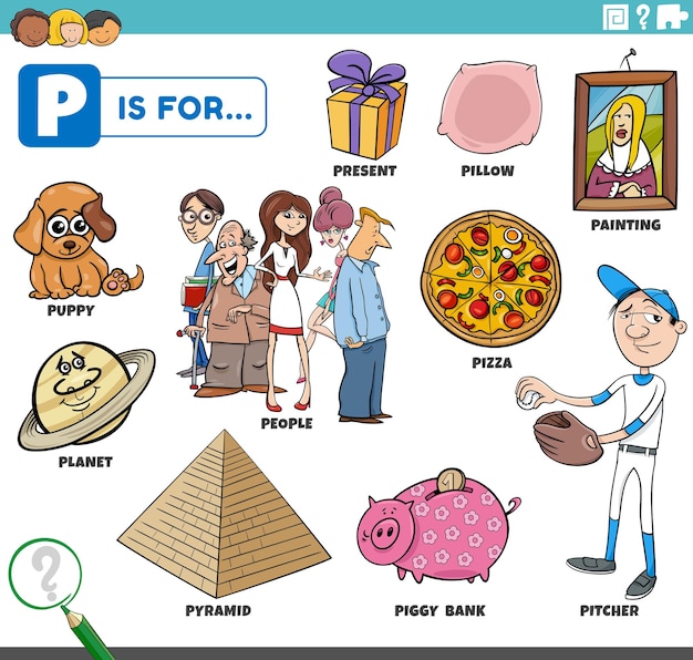 Lettera p parole set educativo con personaggi dei cartoni animati