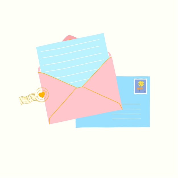 Lettere, biglietti e buste. Cartoline e buste disegnate a mano con francobolli
