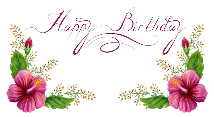Vettore lettere calligrafiche happy birthday su carta di congratulazioni con ibisco rosa