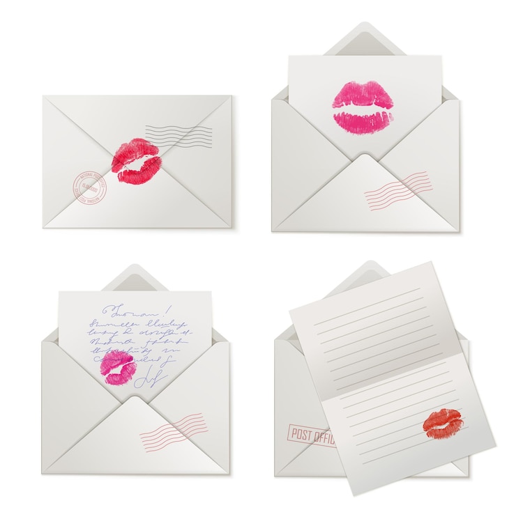 Vettore lettere d'amore in carta con baci di rossetto stampa di baci rosso vivido su busta postale timbro di labbra realistico su carta illustrazione vettoriale felicitazioni per il giorno di san valentino messaggio sessuale e provocatorio.