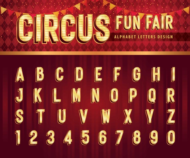 Lettere e numeri dell'alfabeto del circo vintage Alfabeto condensato retrò con caratteri ombra