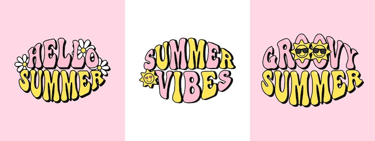 Vettore lettere estive groovy set rosa e giallo groovy estetico lettere hippie grafica di maglietta