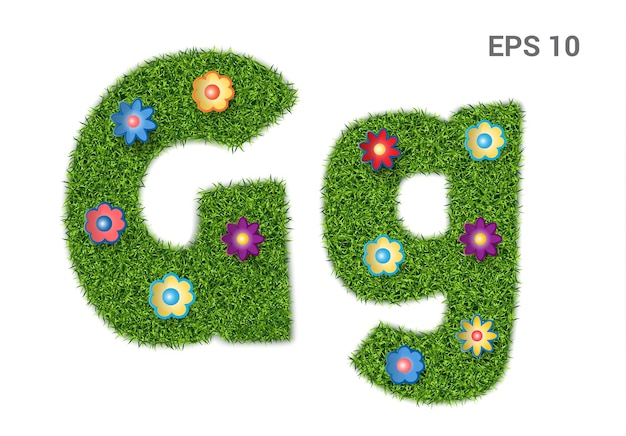 Lettere GG dell'alfabeto con texture erba Prato moresco con fiori Simbolo dell'ecologia estiva