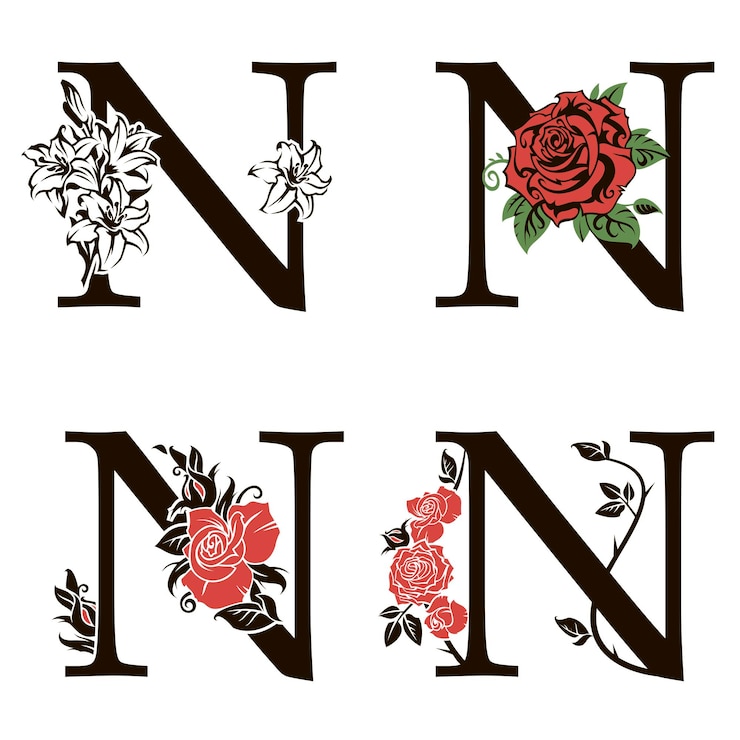 Vettore lettere n con bouquet di fiori