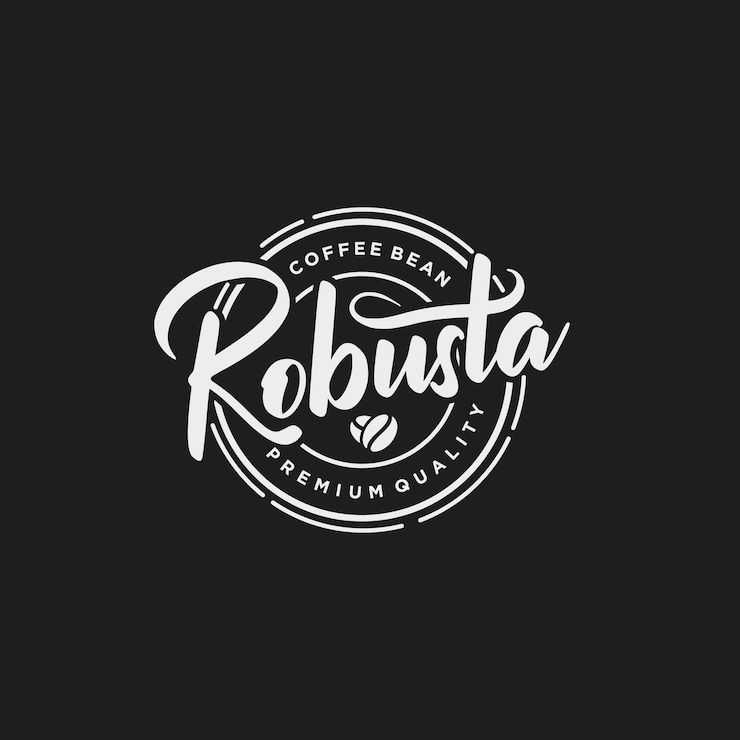 Vettore lettere scritte a mano con logo del chicco di caffè robusta con modello vettoriale di progettazione dell'emblema del distintivo dell'etichetta