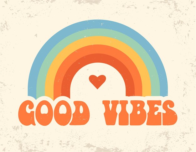 Lettere scritte a mano Good Vibes Cartoon Rainbow Good Vibes Slogan Print Vintage Boho Lettere tipografiche che dicono 70s hippie art groovy artistic font