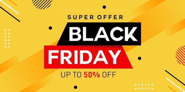 Lettering Banner di vendita venerdì nero su sfondo giallo. Vendita Black Friday con sconto 50%. Per la progettazione di modelli artistici, stile brochure, banner, volantini, libri, spazi vuoti, biglietti, poster.