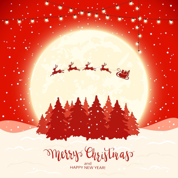 Lettering Buon Natale e Babbo Natale con le renne vola sopra gli alberi di Natale su uno sfondo rosso innevato. L'illustrazione può essere utilizzata per il design delle vacanze dei bambini, cartoline, inviti e banner.