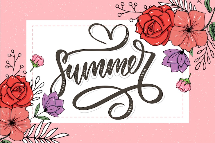 Vettore lettering estivo con fiori e foglie