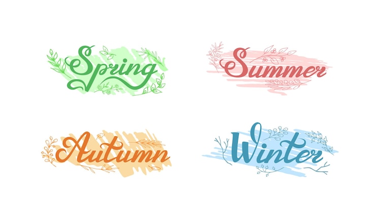 Vettore lettering nomi delle stagioni dell'anno su macchie di colore imprecise decorate con foglie e ramoscelli