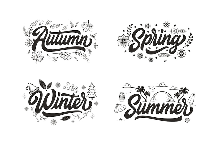 Vettore lettering set of four seasons vector, illustration, calligraphy design, utilizzabile per poster, carta da parati