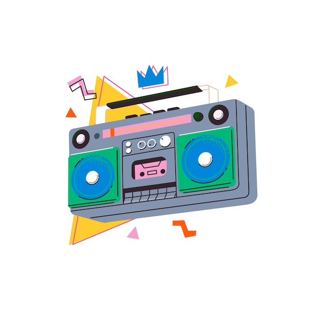 Lettore di cassette boombox retrò Illustrazione vettoriale alla moda colorata su sfondo bianco Registratore a cassette retrò Lettore musicale Stile anni '90 Tecnologia anni '90 anni '80