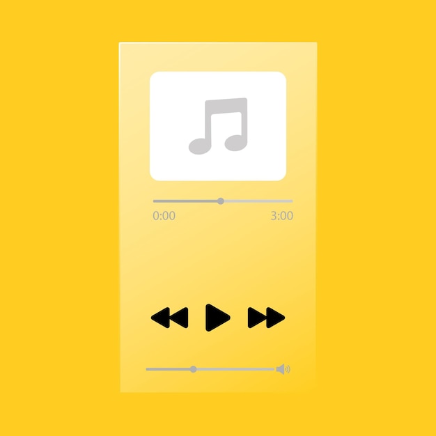 Lettore musicale con pulsanti di controllo Applicazioni telefoniche che ascoltano musica tonalità gialle Concetto di app per telefono Schermata dell'app per telefono dell'interfaccia utente in stile Glassmorphism