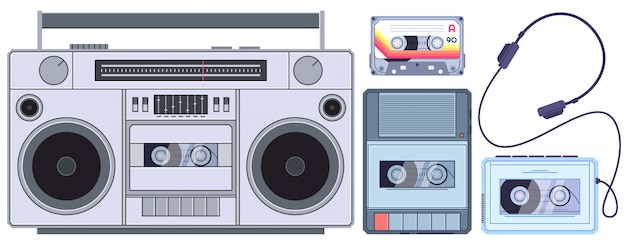 Lettore nastro retrò. Lettori di cassette d'annata, vecchio registratore di suoni ed insieme dell'illustrazione delle audio cassette