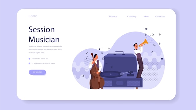 Lettori di musica che eseguono un concerto con la pagina di destinazione web di violoncello e tromba. Musicisti e lettore di vinile. Musicista di sessione che suona melodia. Illustrazione vettoriale isolato