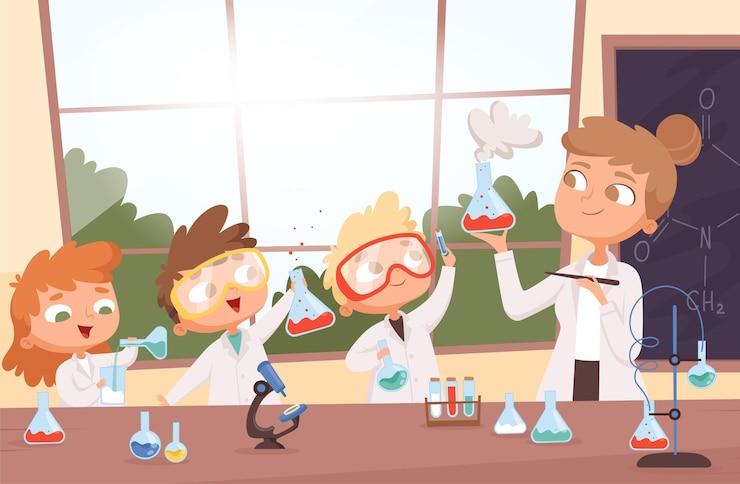 Vettore lezione di chimica. la piccola scienza scherza i ragazzi e le ragazze che fanno ricerca i test nel fumetto dell'illustrazione del fondo del laboratorio della scuola.
