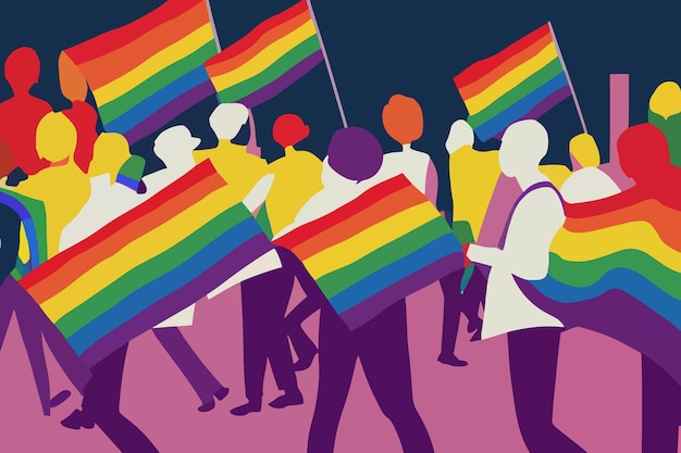 Lgbtq orgoglio e tolleranza persone sfilano bandiere arcobaleno