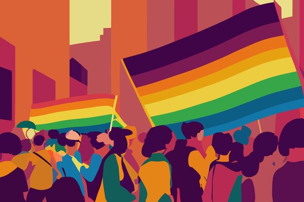 Lgbtq orgoglio e tolleranza persone sfilano bandiere arcobaleno