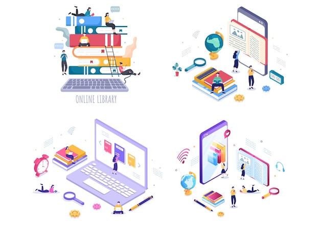 Libreria online Illustrazione di sfondo per l'educazione digitale con apprendimento a distanza, lezioni registrate, tutorial video per acquisire conoscenze