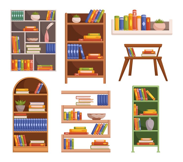Vettore librerie e scaffali isolati adornati da una diversificata collezione di libri che offrono un rifugio letterario e una delizia visiva per gli appassionati di lettura e gli appassionate di decorazione domestica