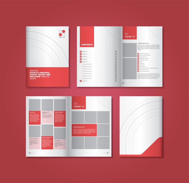Libretto di progettazione multipagina e modello di brochure con colore a tema rosso e 4 pagine.